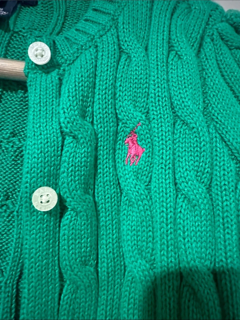 Ralph Lauren Girls' Green Cable Knit Cardigan with pink logo